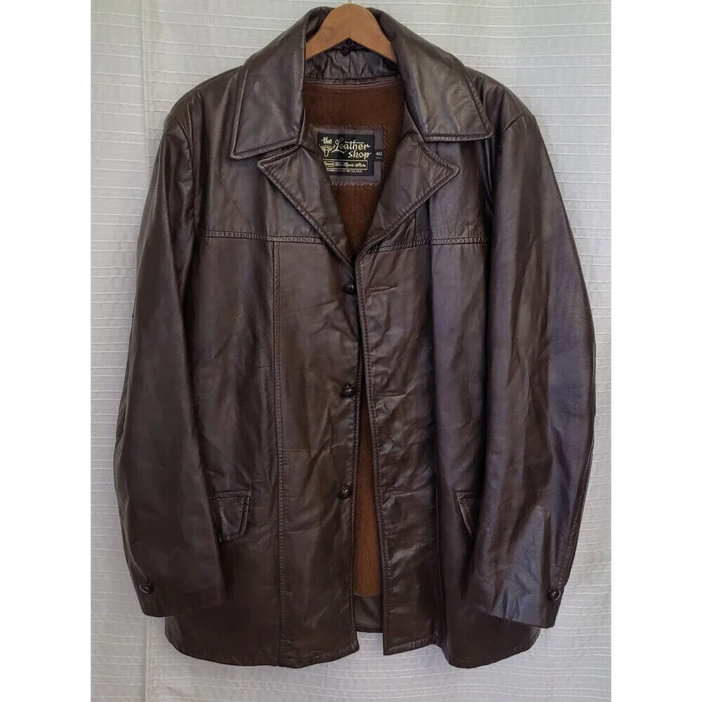 VTG Sears Leather Shop Car Coat Removable Faux Fur Lining Brown Men's 40 Tall